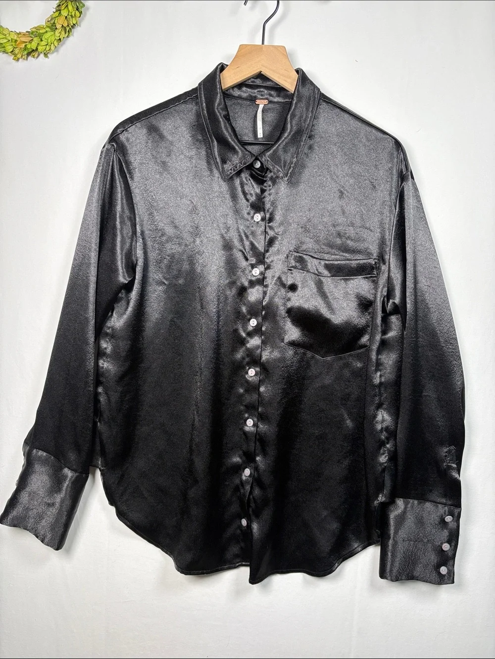 FREE PEOPLE Shooting for the Moon Button Down Black Silky Shirt size medium